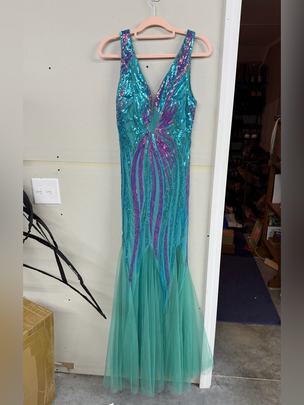 Teal and Purple Sequin Mermaid Evening Gown